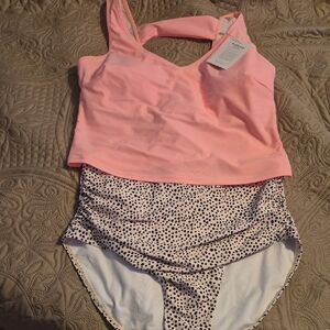 Pink Tankini Top with Spot Print High-Waist Bottom
